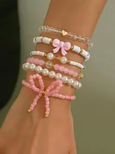 6pcs Pink Series Glass Bead Imitation Pearl Soft Clay Handmade Positioning Beaded Stacking Bracelet Set, Cute Sexy Versatile Vacation Y2K Bow, Stackable Bracelets, Charm Bracelet