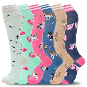 6 Pairs Cute Animal Print Compression Socks 15-20mmHg, Knee High Circulation Support Socks for Women, Running Travel Nurse Athletic Compression Socks Knee Length