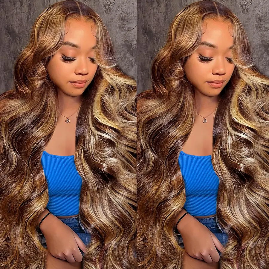 Pizazz Hair Honey Blonde Lace Wig Human Hair 220 Density 4/27 Highlight Ombred Colored 13x6 HD Lace Front Wigs Human Hair Body Wave Lace Front Wig Human Hair Pre Plucked Lace Frontal Wigs Human Hair for Women