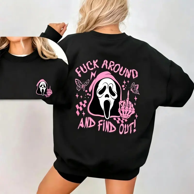 Scream Skeleton Spooky Fck Around And Find Out Sweatshirt, 2 Side Halloween Ghost Face Hoodie, Fall Tee, Coffee Lover Fall Tee, Halloween Casual Sweatshirt Hooded Outfiter Gift For Best Friend HusBand Wife