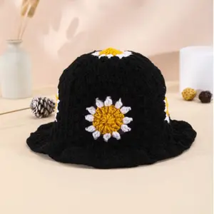 1pc Handmade Crochet Sunflower Decorated Colorful Patchwork Cute And Sweet Style Bucket Hat For Women, Suitable For Travel And Outdoor Activities