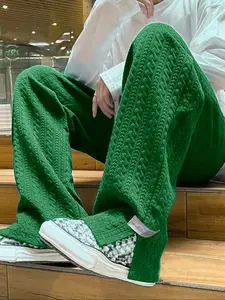 Men's Casual Minimalist Letter Print Sweatpants, Split Hem Design, Textured Jacquard Fabric, Drawstring Waist Comfort Fit, Casual Comfy Trousers, Casual Fashion Pants