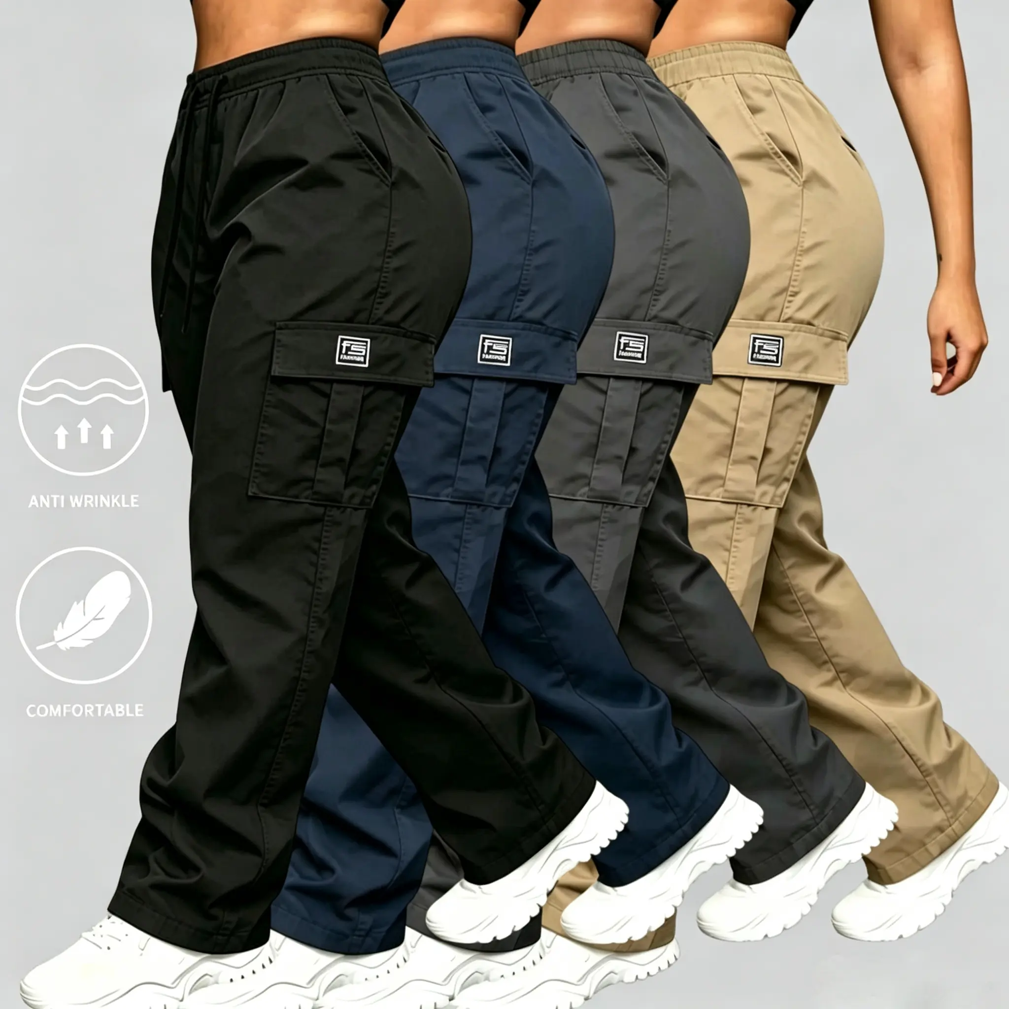 Women's Wide-Leg Cargo Pants - Casual Workwear Style with Adjustable Drawstring Waist, Comfortable Straight-Cut Bottoms, Fitted, Loose, Slimming, Fabric, Breathable, Women's Clothes