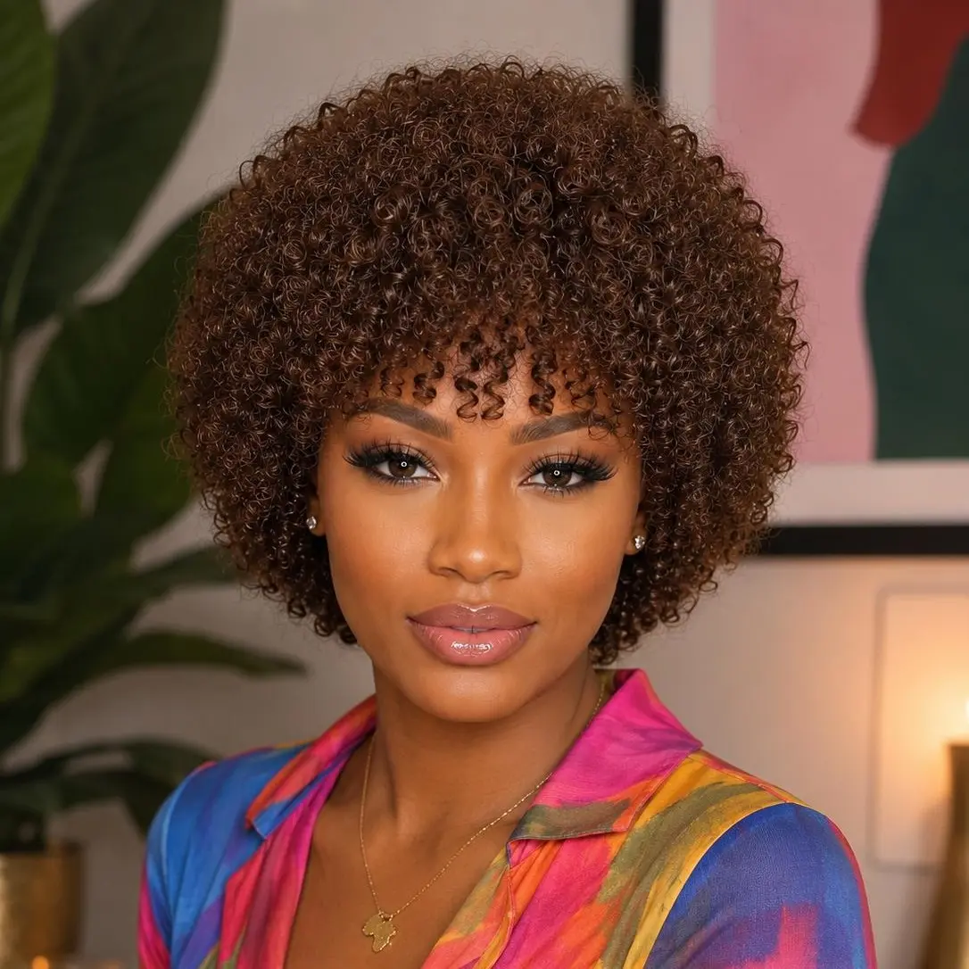 Glueless Afro Kinky Wig for Women Chocolate Brown Color Wear and Go No Lace Vietnamese Human Hair Wig for Daily 8 Inch Machine Made