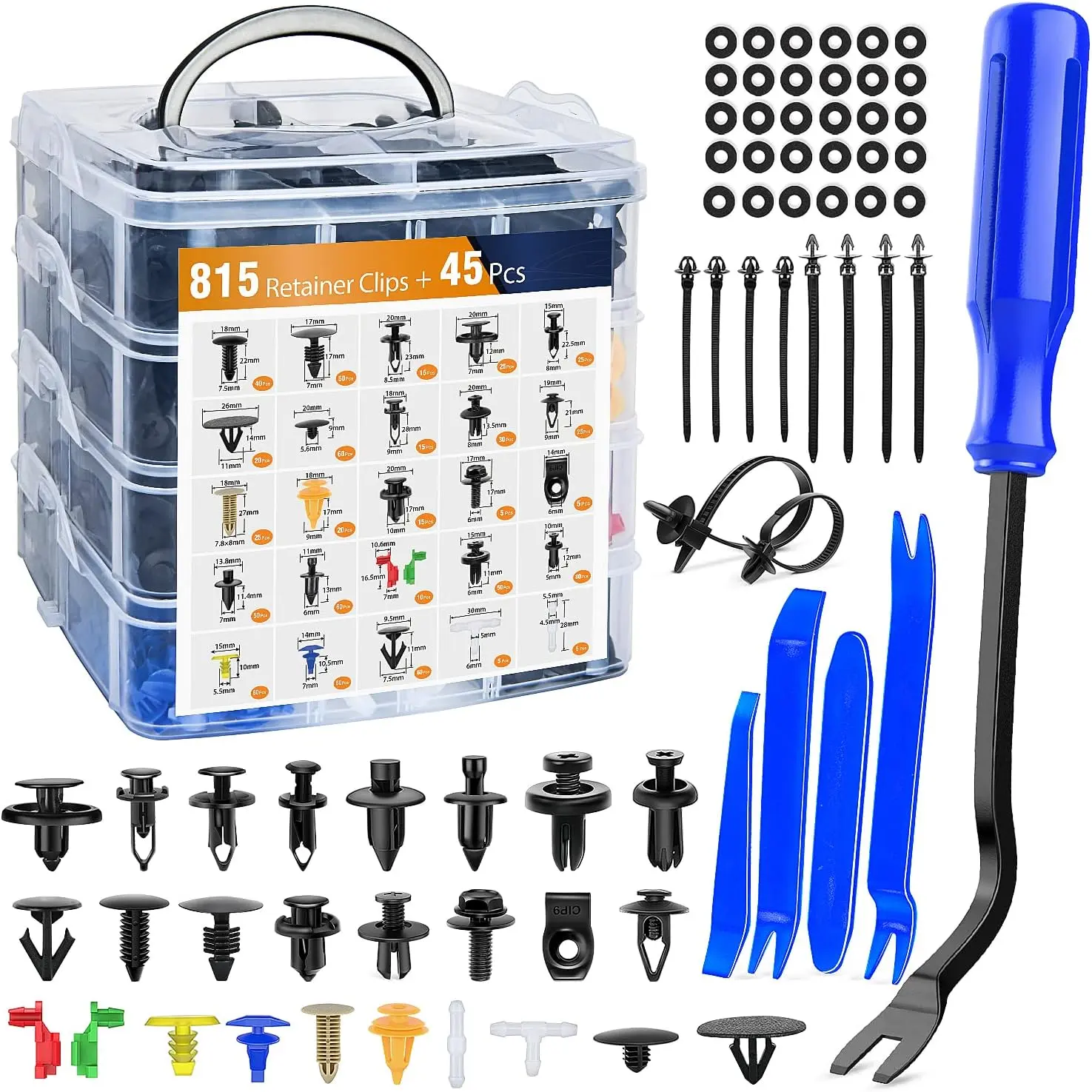 Nilight 815-Piece Multi-Size Nylon Push-Type Car Retainer Clips & Auto Fasteners Assortment - 26 Most Popular Sizes Anti-Scratch Bumper Fender Rivets, 4 Tools, 10 Cable Ties, Door Trim/Car Panel Removal Clamps, GM Vehicles DIY Repair Accessories