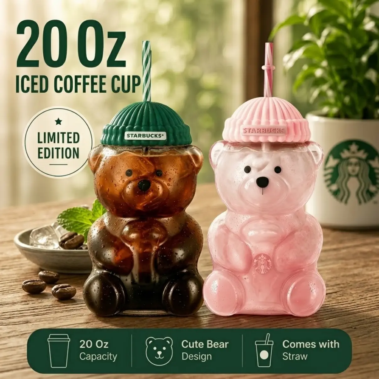 Starbucks Limited Edition 20oz Cute Bear Glass Cup with Straw, Beanie Lid Reusable Iced Coffee Glass Tumbler for Cold Drinks