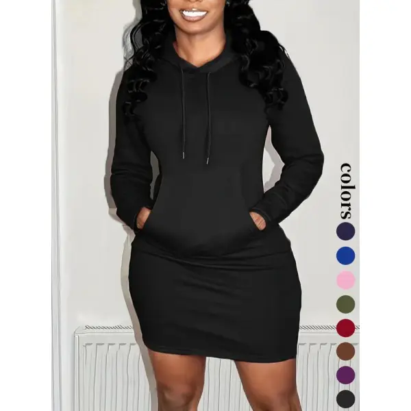 Women's Fitted Solid Drawstring Hooded Long-Sleeve Sweatshirt Dress - Casual Warmth-Without-Adding-Bulk Fall & Winter Wear with Pockets, Short-Length Daily Outfit, Basic