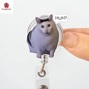 Funny Huh Cat Meme Badge Reel, Viral Cat Clip Gift for Cat Lovers and Meme Fans, Cute Chubby Kitty ID Holder for Nurses and Office
