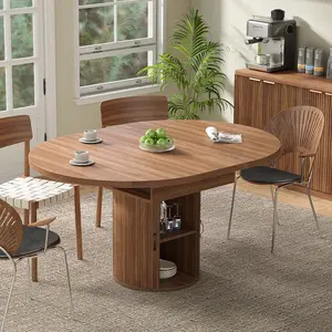 FUSOU 43'' to 59'' Extendable Round Dinning Table for 4-6-8, Dinning Room Kitchen Table with Storage, 43''-59'' Oval Circle Dinner Table with Wood Silde Door for Kitchen, Dining Room, Apartment, Walnut