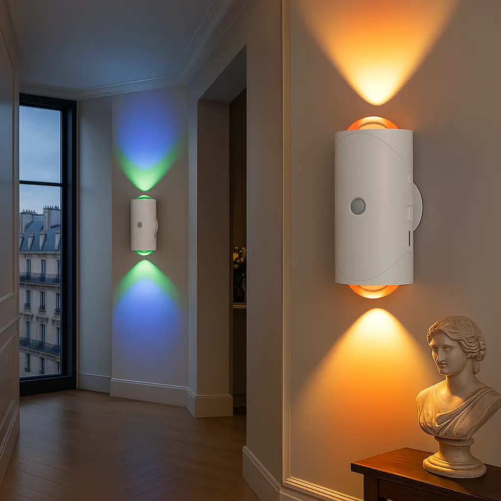 Rechargeable RGB Motion Sensor Wall Light, Magnetic Battery Operated Up and Down Wall Sconce, USB-C Color Changing Indoor Ambient LED Night Light for Bedroom, Hallway, Stairwell and Living Room