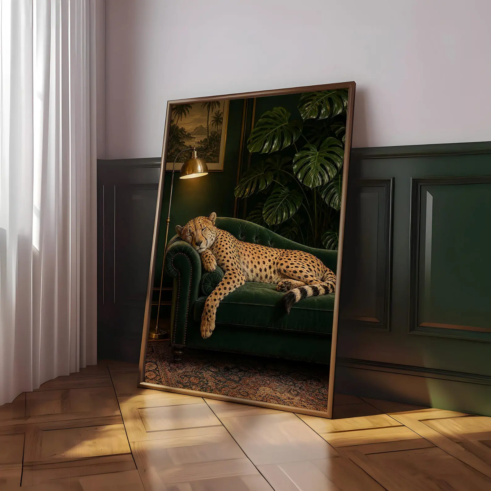 Sleeping Cheetah Glossy Poster, Luxury Animal Wall Art Print, Vintage Jungle Decor, Dark Aesthetic Home Artwork