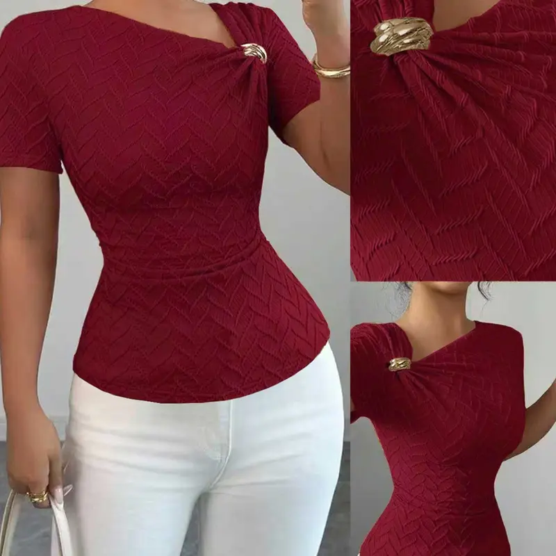 Women's Casual Spring Summer Striped Short Sleeve Top, Slim-Fitting Fashion Textured Lady Blouse, All Seasons Blouse, Aesthetic Shirt, Shirts, Blouses Shirts Tops, Womenswear, Perfect for Daily Home and Outdoor Wear, 1 Piece