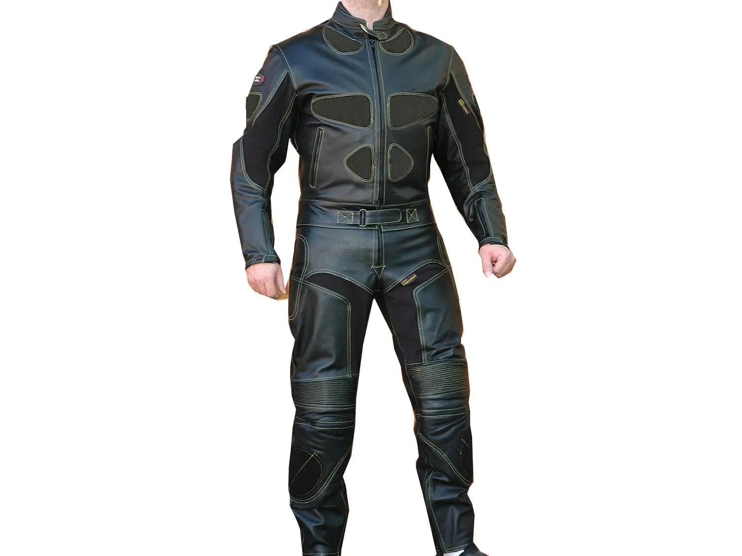 Shelter 337-50 Cowhide Leather 2-Piece Motorcycle Racing & Street Riding Suit (Size 50) - 3M Scotchlight Reflective Patches, Abrasion Resistance, Pre-Curves, Removable CE Approved Armor, Cloth Hook and Eyes, Full Circumferential Zipper, Cloth Hook And Eye