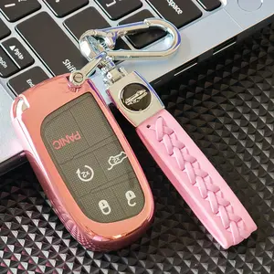 Jeep Keychain Cover with Leather Keyring Soft Tpu Protection Case Key Fob Protector for Grand Cherokee Patriot Chrysler 200 300 Dodge RAM Durango Challenger