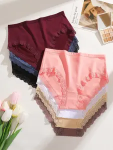 Women's Underwear 8Pcs Cotton Mid-High Waist Lace-Trimmed French-Style Full-Coverage Briefs, Thongs, S-XXL Plus Size Panty Sets, Underwear For Women