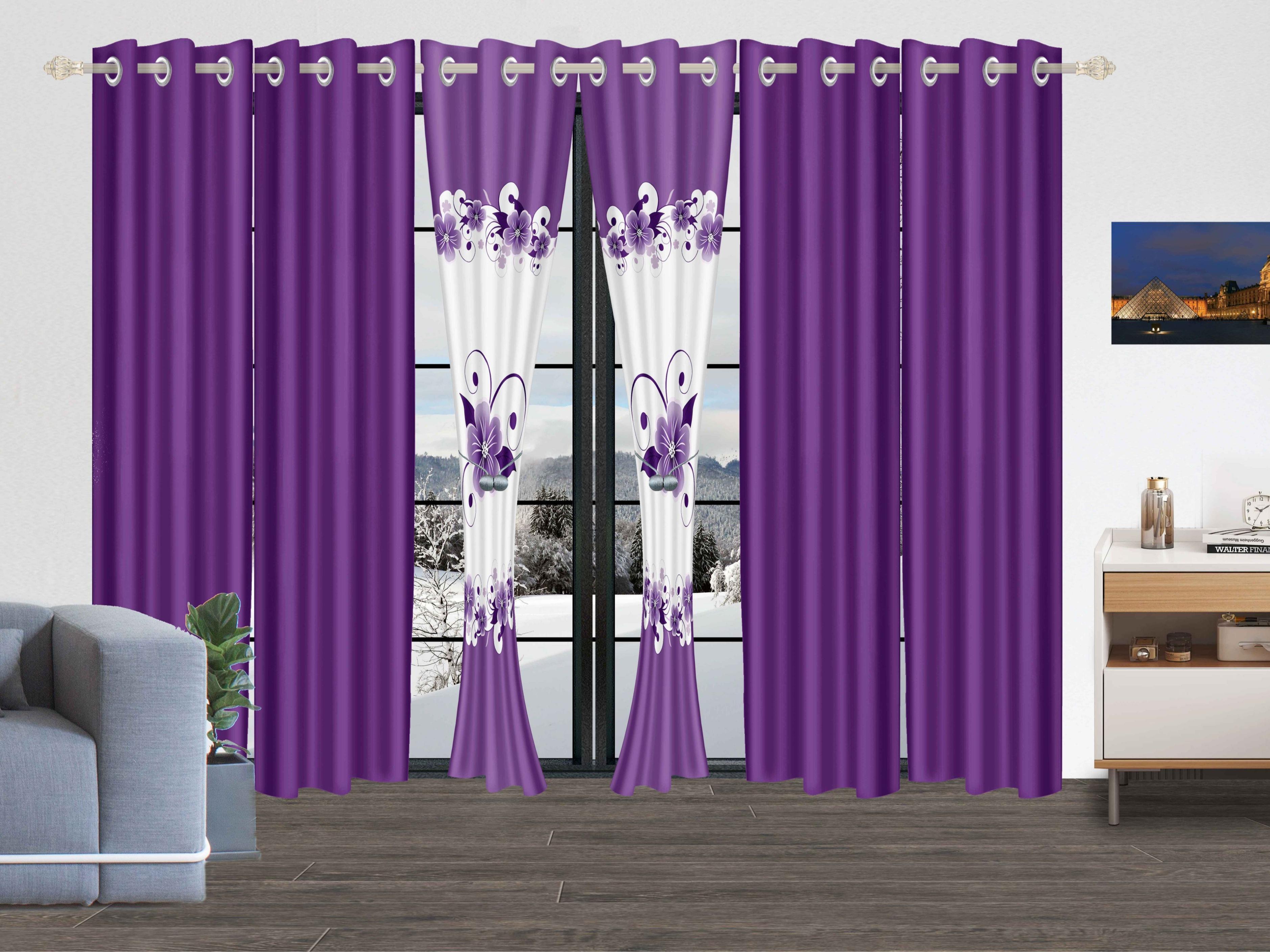 6-Piece Curtain Set | 2 Printed + 4 Solid | Semi-Sheer | 38"x84" | Floral Collection: Blue+Red, Purple Gardenia, Red Peony, Green Rose | Perfect for Living/Dining/Study/Bath
