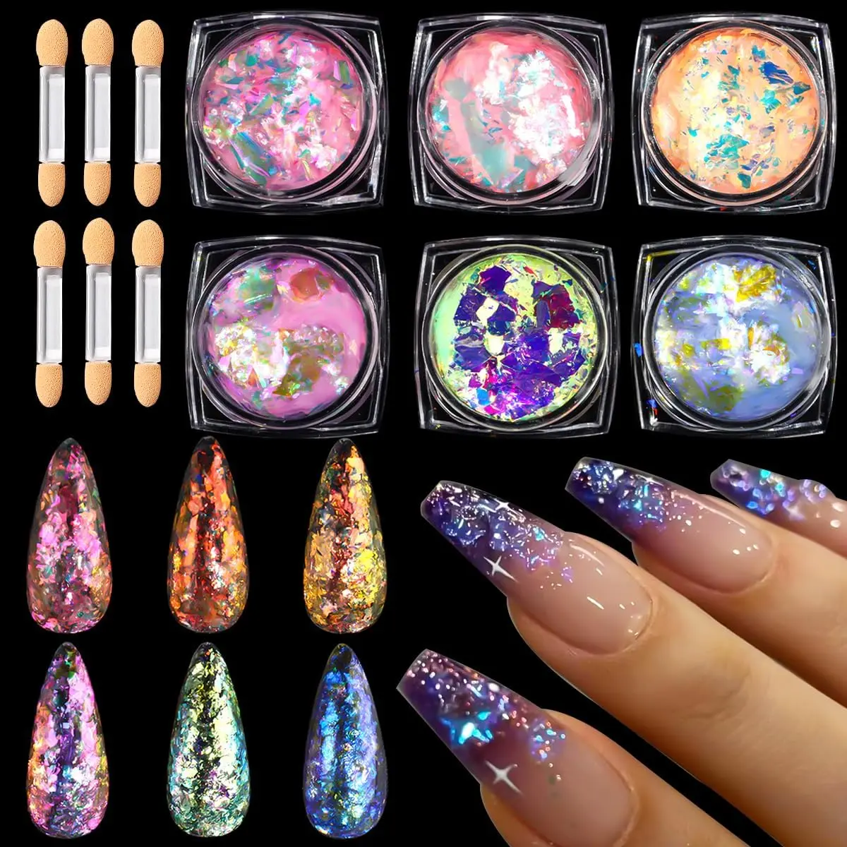 Chameleon Nail Glitter Flakes Multi-Use Kit - 6 Jars Ultra-Thin Ice Transparent Aurora Opal Sequins, Chrome Iridescent Pigment Paillettes, Easy-Apply for Nail Art Decoration, DIY Crafts, Apply Easy