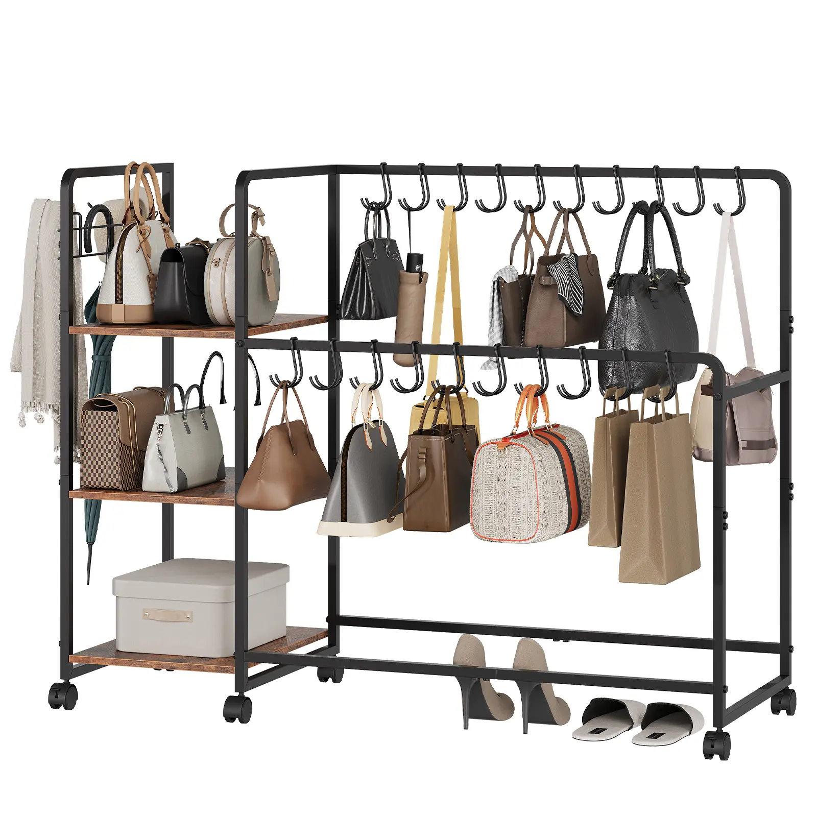 3-Tier Purse Organizer Rack with 20 Hangers & 3 Hooks – Wooden Handbag Storage Shelf on Wheels – Heavy Duty Bag Stand for Closet, Bedroom, Entryway, Black+Brown/White+Wood