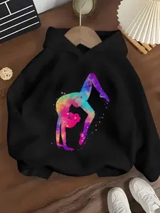 Girls' Hooded Sweatshirt 'vibrant Gymnastics Girl,' Watercolor Gymnastics Pattern, Casual Fitted Pullover, Soft Fabric, Graphic Casual Hoodie
