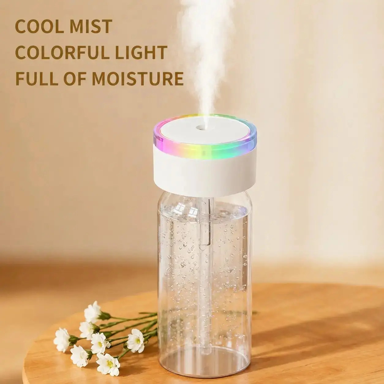 Portable electronic humidifier, durable and long-lasting, with fine mist, comes with a USB charger, transparent body, includes a storage bag, fits in a car cup holder, effectively solves humidity issues, and brightens up your space