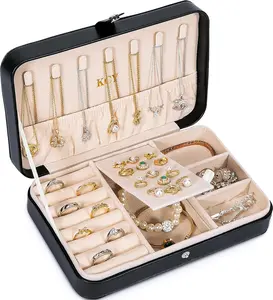 Travel  Organizer Box for Women Girls, Small Travel  Case, PU Leather Portable Jewellery Storage Boxes Display Holder for Ring Earrings Necklace Bracelet Bangle, Gifts, Black