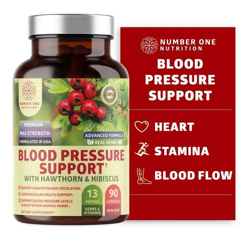 N1N Premium Blood Pressure Support with Hawthorn and Hibiscus [13 Potent Ingredients], Natural Supplement to Support Blood Flow Health, 90 Caps