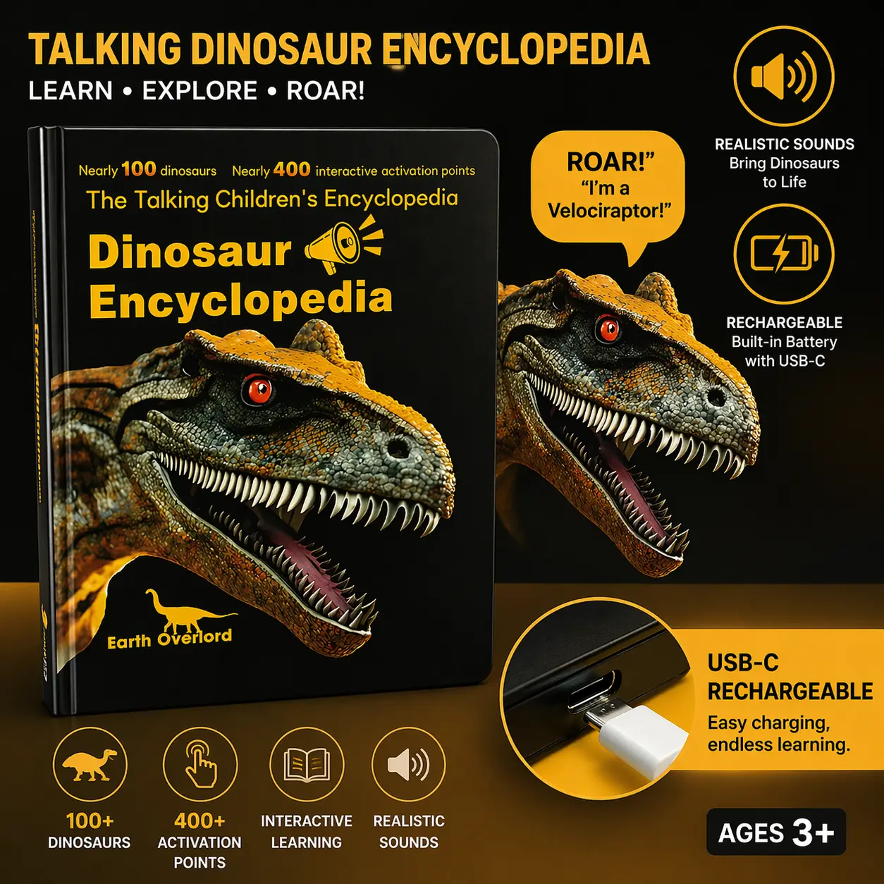 Talking Dinosaur Encyclopedia for Kids, Rechargeable Sound Book, 100+ Dinosaurs & 400+ Interactive Points, USB-C Charging, Tap-to-Learn Educational Toy for Ages 3+