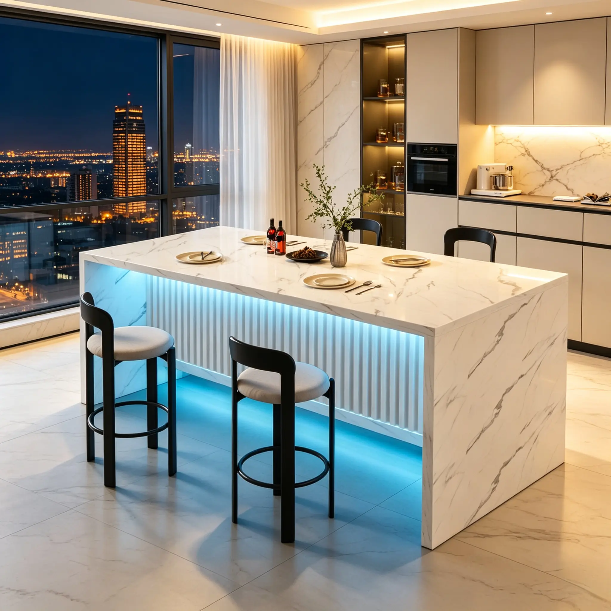 71" Faux Marble Counter Height Dining Table & Kitchen Island with Multicolor LED Lights, 6-8 Person Capacity, Small Apartment Indoor Furniture Decor