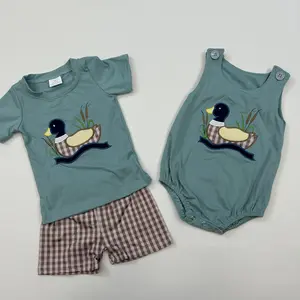 SR0590-Toddler Hunting Mallard Ducks Embroidery Baby Romper,Kids Sets