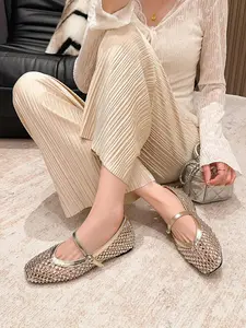 Sexy Hollow Out Mesh Diamond Heel Elevator Fairy Style Square Toe Strap Single Shoe, New Gentle Fragrance Elegant Mary Jane Flat Shoes