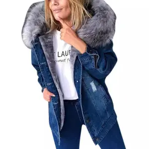 New Style Fleece-Lined Women's Slim Cotton Coat with Fur Collar Denim Jacket Piece Tops Grey Long Sleeve Minimalist Winter Womenswear