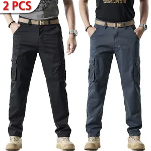 HOMUG Men's 2-Pack Solid Color Flight Work Pants, Casual Multi-Pocket Straight-Leg Style. Men's Fashion Apparel — Suitable for Spring and Summer.