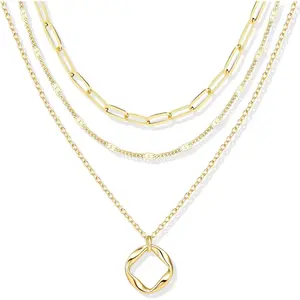 Layered Gold Necklaces for Women,Stackable Dainty 14K Gold Silver Plated Trendy Circle Paperclip Chain Pendant Choker Necklace,Simpl Diamond Cross Bow Jewelry Set Gifts for Women