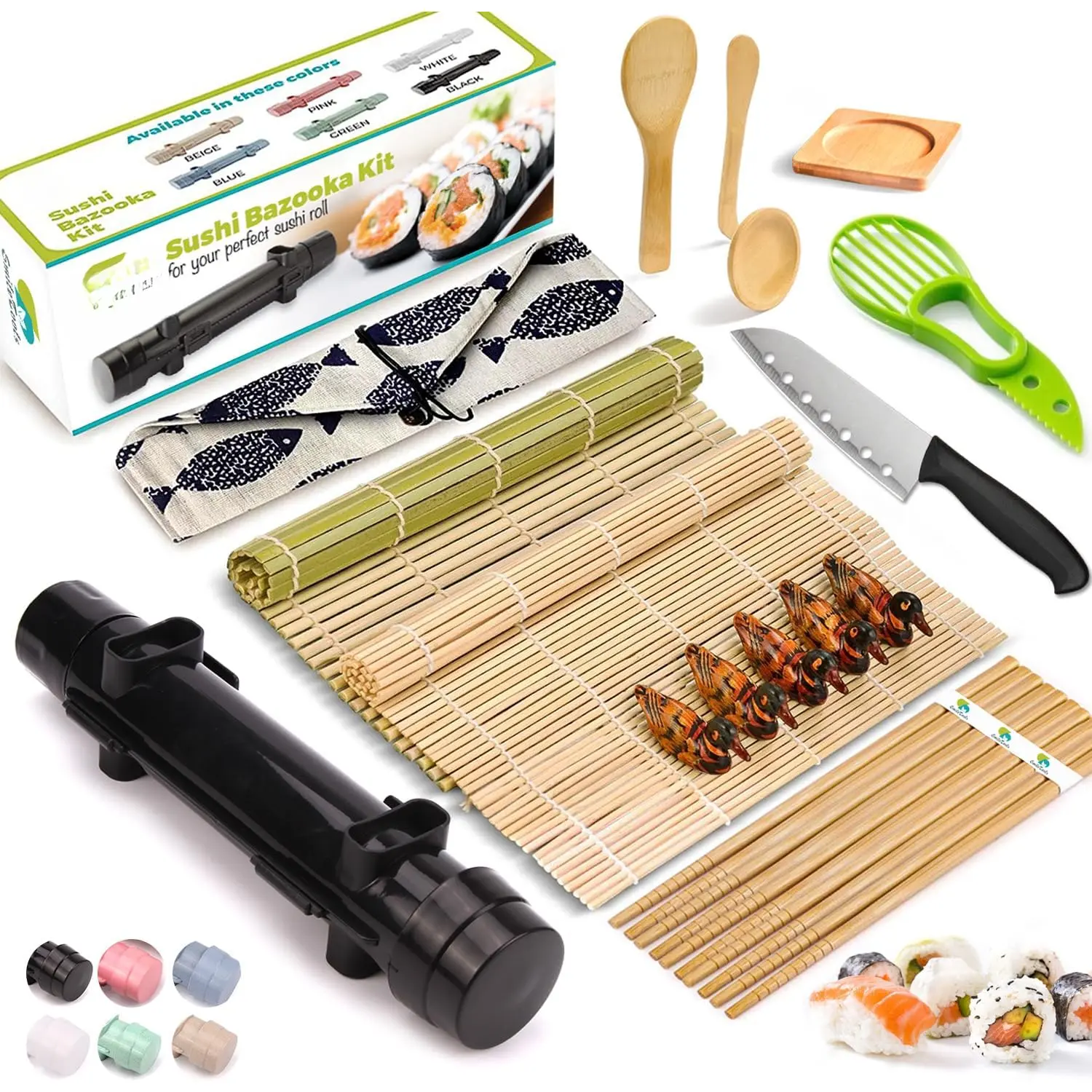 Sushi Making Kit, 22 Roller Maker for Beginners With Guide Book, Bazooka, , Mat, Avocado Slicer, Chopsticks, Sauce Dishes & More - Sushi Lover's