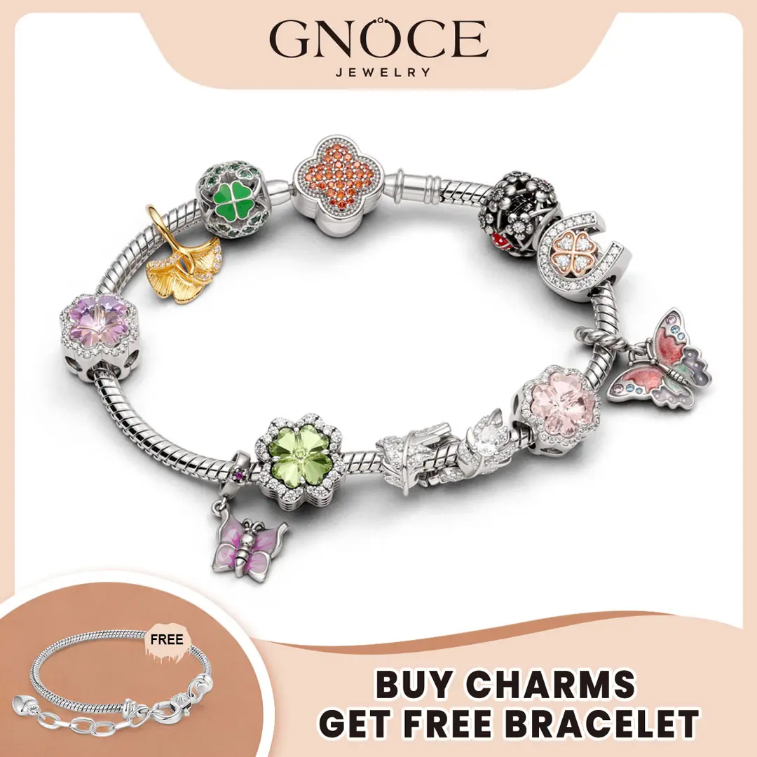 GNOCE S925 Silver Charm Beads, Sparkling Ladybug & Clover Animal Pendant for Women, Insects Themed Jewelry, Buy Charms Get Free Bracelet, Rhinestone Decorated Jewelry, Sparkling & Elegant, Snake Bracelet, Ladybug Charm