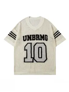 Men's Letter Print V Neck Knit Top, Casual Loose Hollow Out Drop Shoulder Short Sleeve Knitwear for Summer, Fashion Men's Knit Clothing for Daily Wear