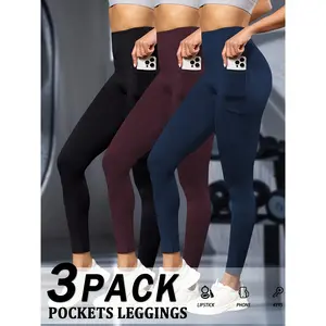 Women's high-waisted tummy control leggings with pockets 3-piece set
