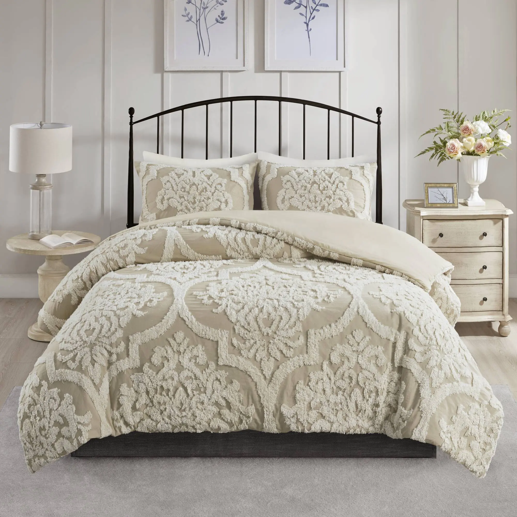 3-Piece Tufted Cotton Chenille Damask Duvet Cover Set - Shabby Chic Cottage-Style All-Season Bedding, Chenille Fabric Bed Set for Bedroom Decor