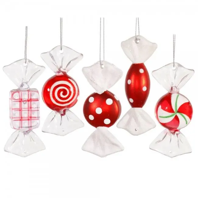 212 MAIN 3.5 in. Red-White Christmas Candy Ornament, 5 Assorted Designs, 5-Piece Boxed Festive Decoration Set, Five Pieces