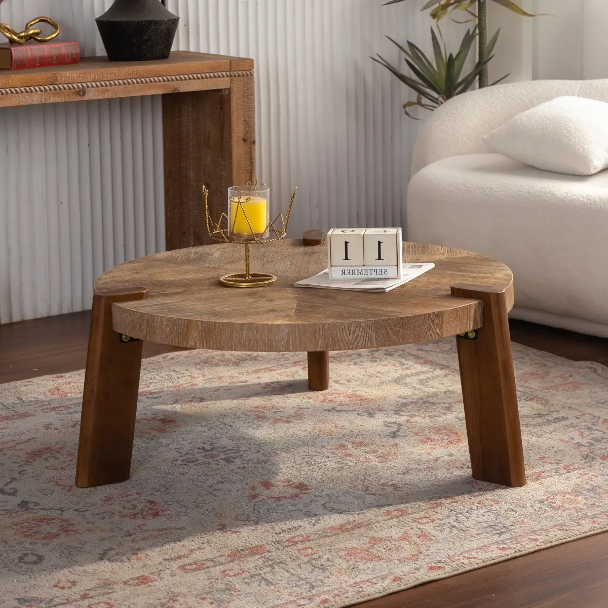 [Fahuac] Country Rustic Herringbone Round Nesting Coffee Table - 36.61x35.43x15.75in, Natural Wood Finish, Solid Wood & MDF Legs, Easy-to-Clean, for Living Room, Assembly Required, Coffee Tables