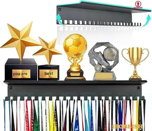 Non-Slip Medal Display Hanger Never Give Up with 20 Hooks Trophy Shelf,Medal Hanger Display For Wall with 16inchL,race medal display Upgraded Medal Holder display For gymanstics,race,soccer,swim