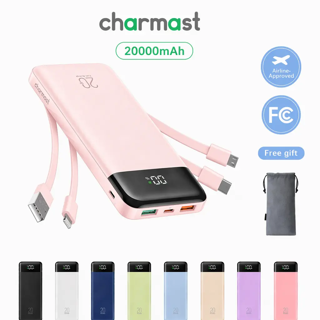 charmast 20000mAh Portable Charger with Built in Cables, 22.5W Travel Power Bank Fast Charging, USB C Cell Phone Battery Pack for iPhone 17/16/15/14/13/12 Series, iPad, Samsung, Android, Tablet