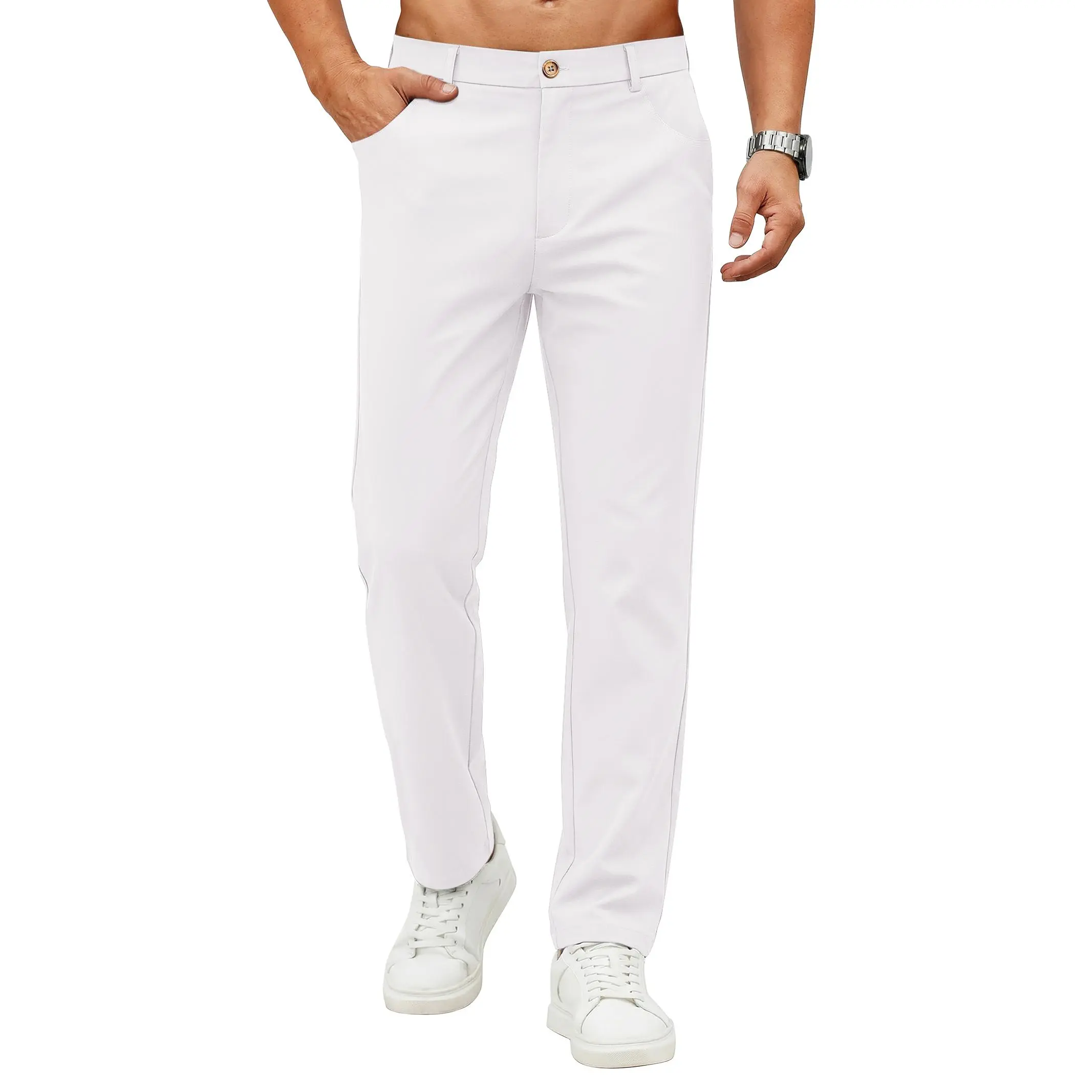 COOFANDY Men's Elastic Waist Plain Flat Front Regular Fit Stretch Polyester Chino Pants - Belt Loops, Pockets, Button, Wrinkle-Free, Casual Work Office Dress Slacks, Outdoor Sporty Chic Trousers