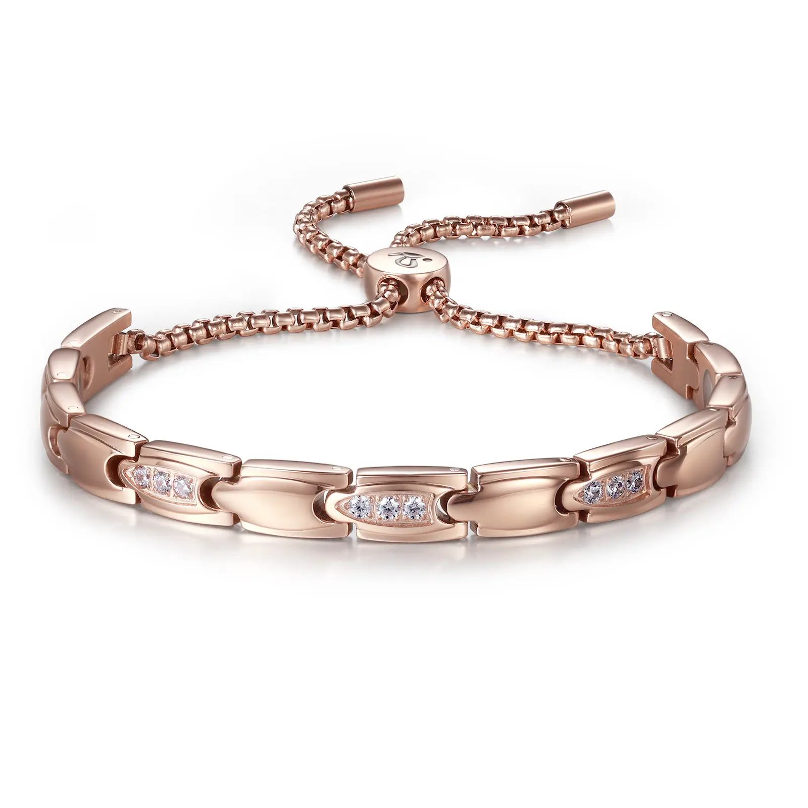 RainSo Women Stainless Steel Magnetic Bracelets Inlaid Crystal Design with Adjustable Telescopic Chain Display Box (Rose Gold)