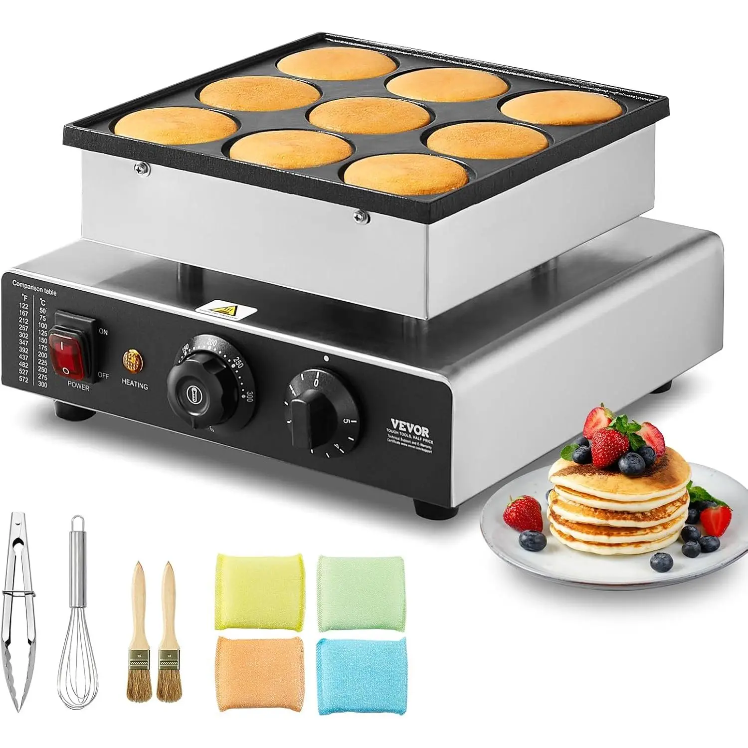 Spring new arrivals Dutch Pancake Maker, 9PCS 76mm Diameter Dorayaki Baker Machine, 850W Commercial Electric Poffertjes Grill, Non-stick Stainless Steel, Temp & Time Control, for Home Kitchen Restaurant Snack Bar