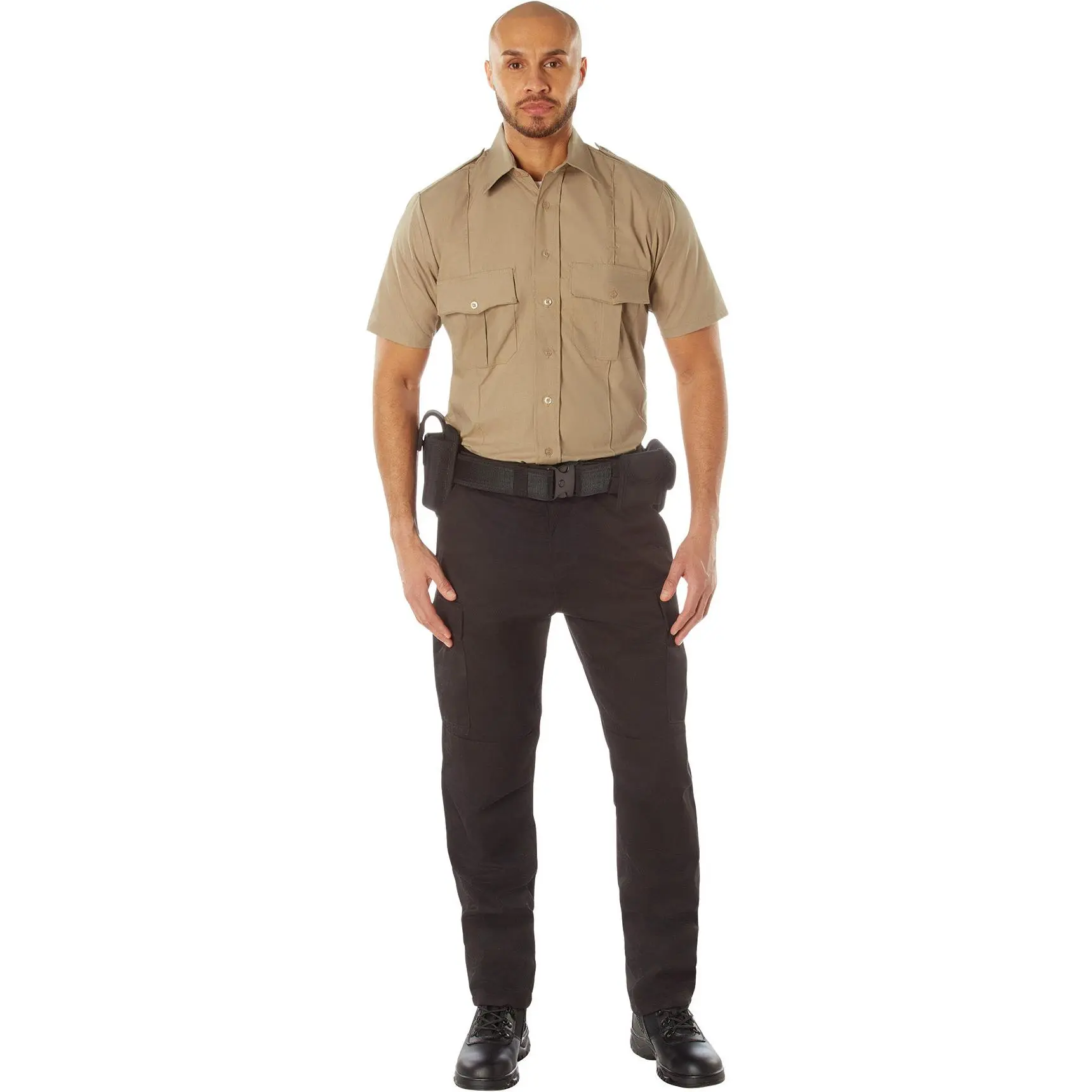 Men's Khaki Short-Sleeve Workwear Shirt for Law Enforcement Professionals, Featuring Durable Fabric, Badge Holder, and Functional Pocket, Menswear, Pleated, Breathable, Clothes