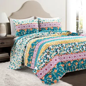 Lush Decor Emily Boho Stripe Reversible 3 Piece Quilt Set with Tassels Full/Queen & King Sizes Floral Geometric Design OEKO-TEX Certified