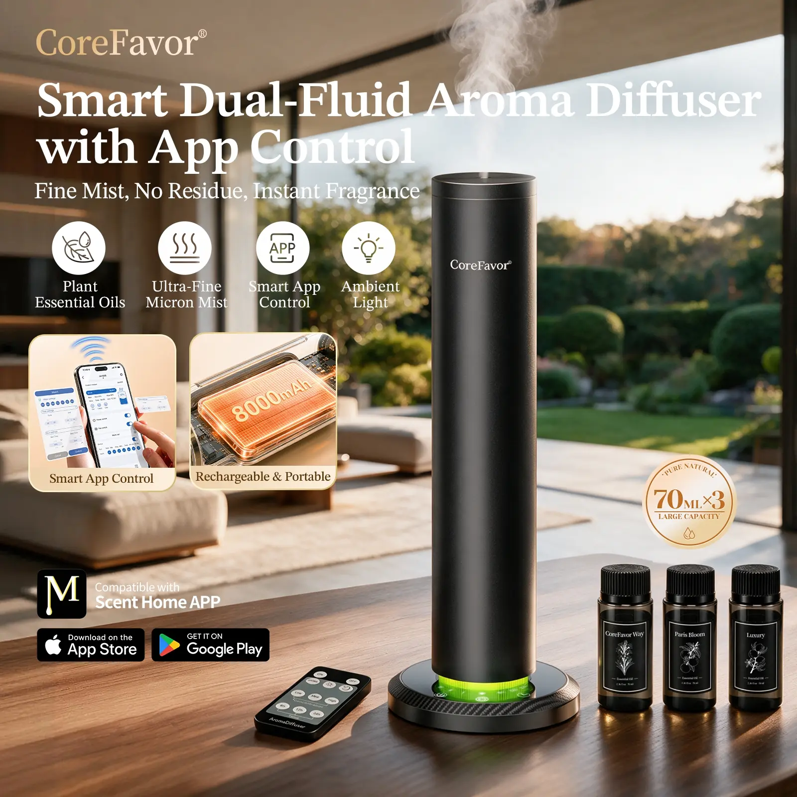 CoreFavor Smart Waterless Aroma Diffuser, Dual-Fluid Essential Oil Diffuser with App Control, Remote Control & Touch Button, 4 Color LED Ambient Light, Breathing Light Mode for Bedroom, Office, Home, Yoga Room,back to school,back to school haul
