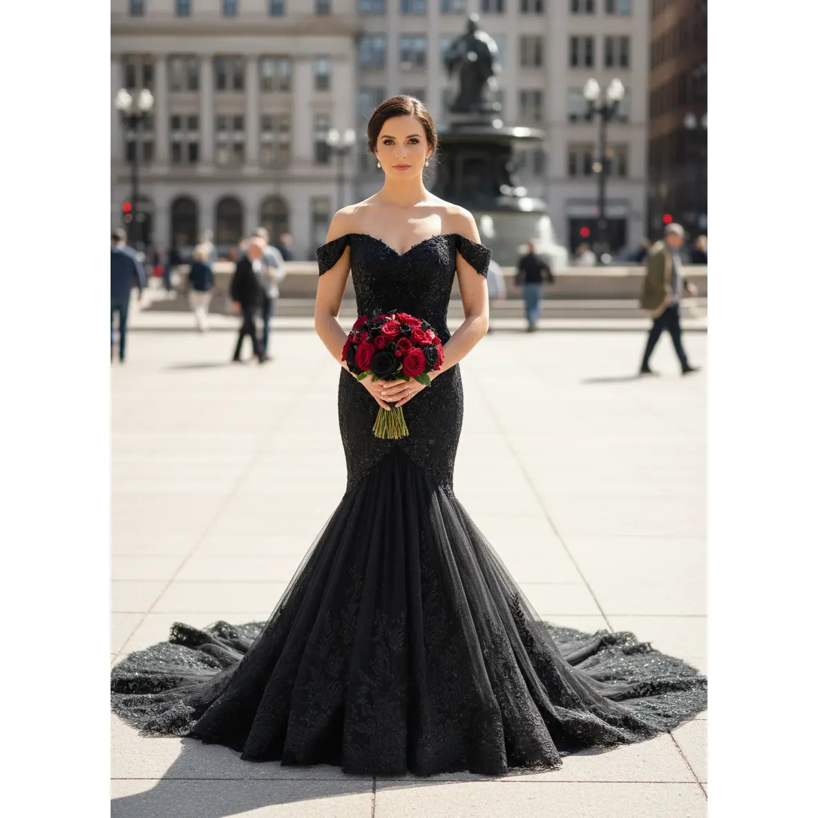 Brittney Black Mermaid Wedding dress with Off The Shoulder Sleeves , Black Wedding Dress, Gothic Wedding Dress, Black Lace wedding dress