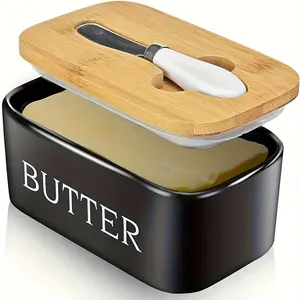 Luxury Large Butter Dish with Lid - Ceramic Countertop Keeper with Knife, High-Quality Silicone Sealing, and Easy-Clean Design - Perfect Kitchen Gift for Butter Lovers Container Utensils Black-